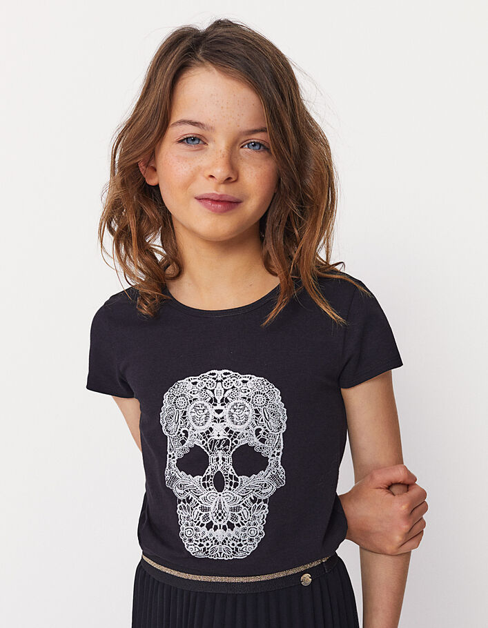 Tee-shirt noir skull argent effet broderie fille - IKKS