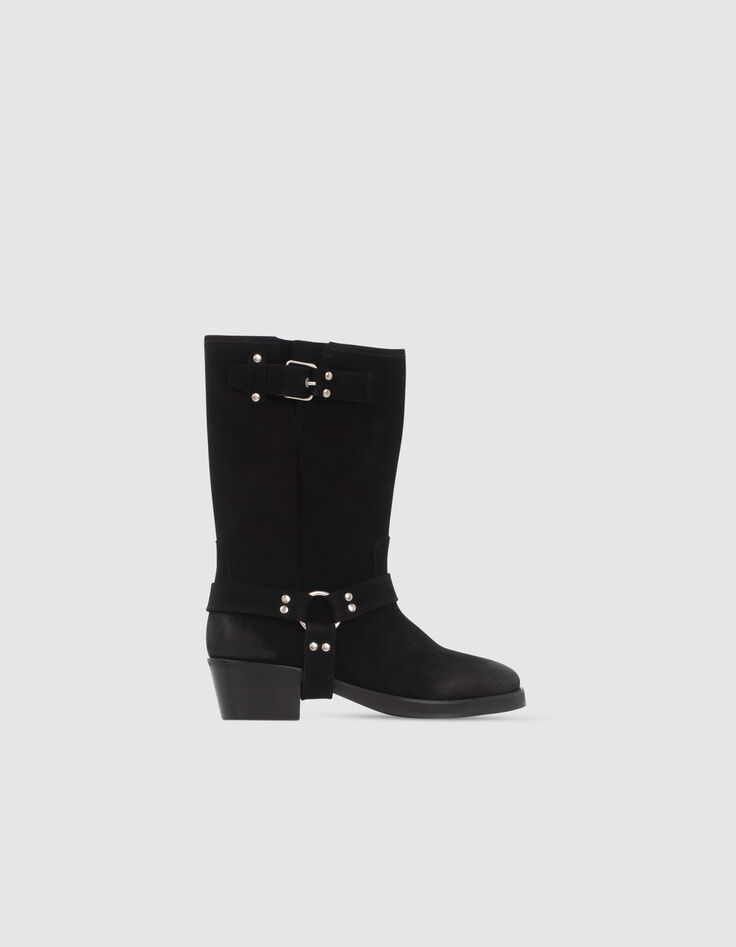 Boots noirs cuir velours esprit motard Femme-1