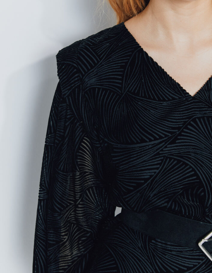 Women’s black velvet zebra short dress, shoulder pleats - IKKS