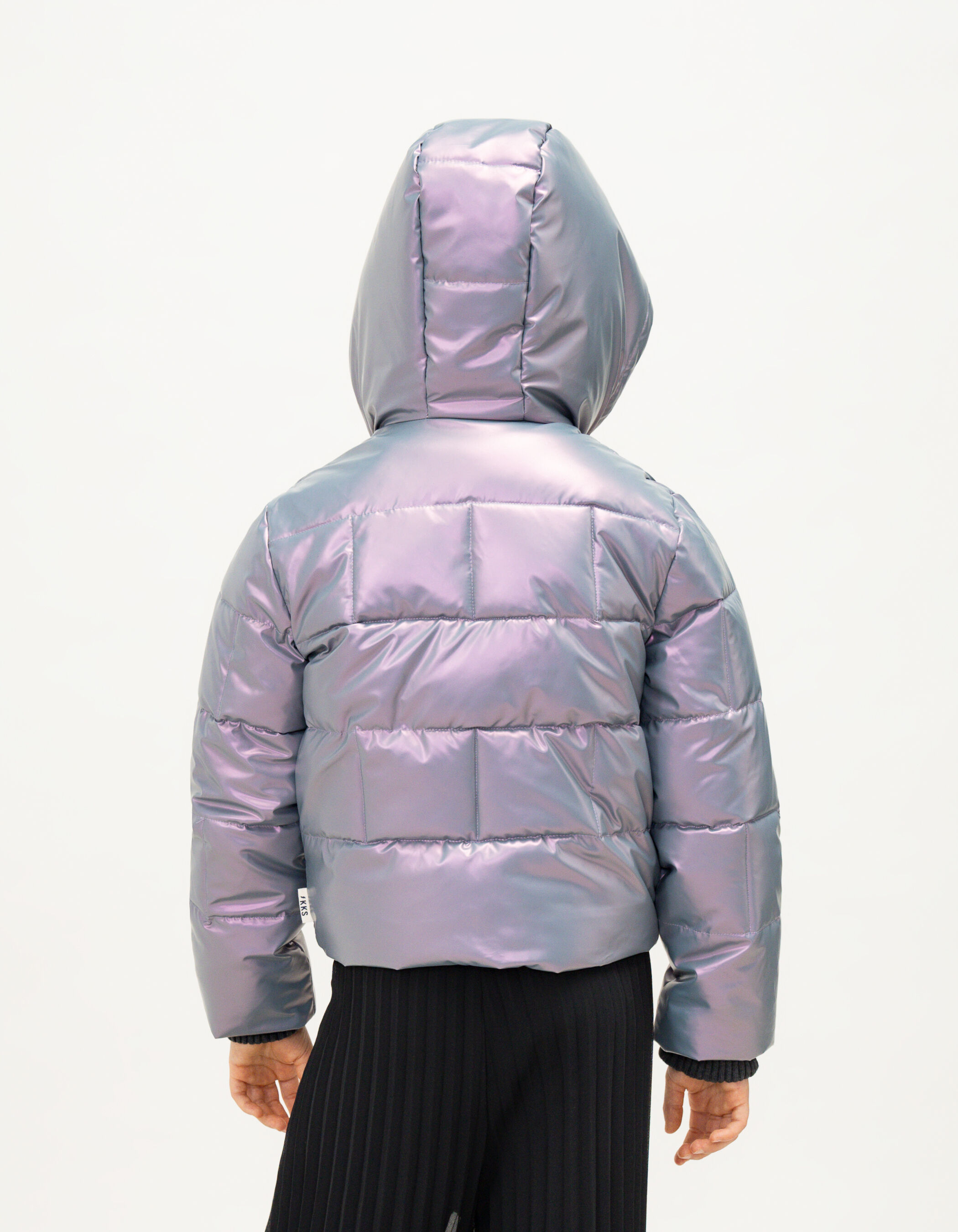 Short lilac iridescent down jacket with girl s trim IKKS