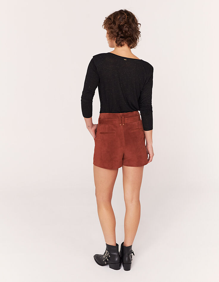 Short taille mi-haute en cuir de chèvre velours femme-5