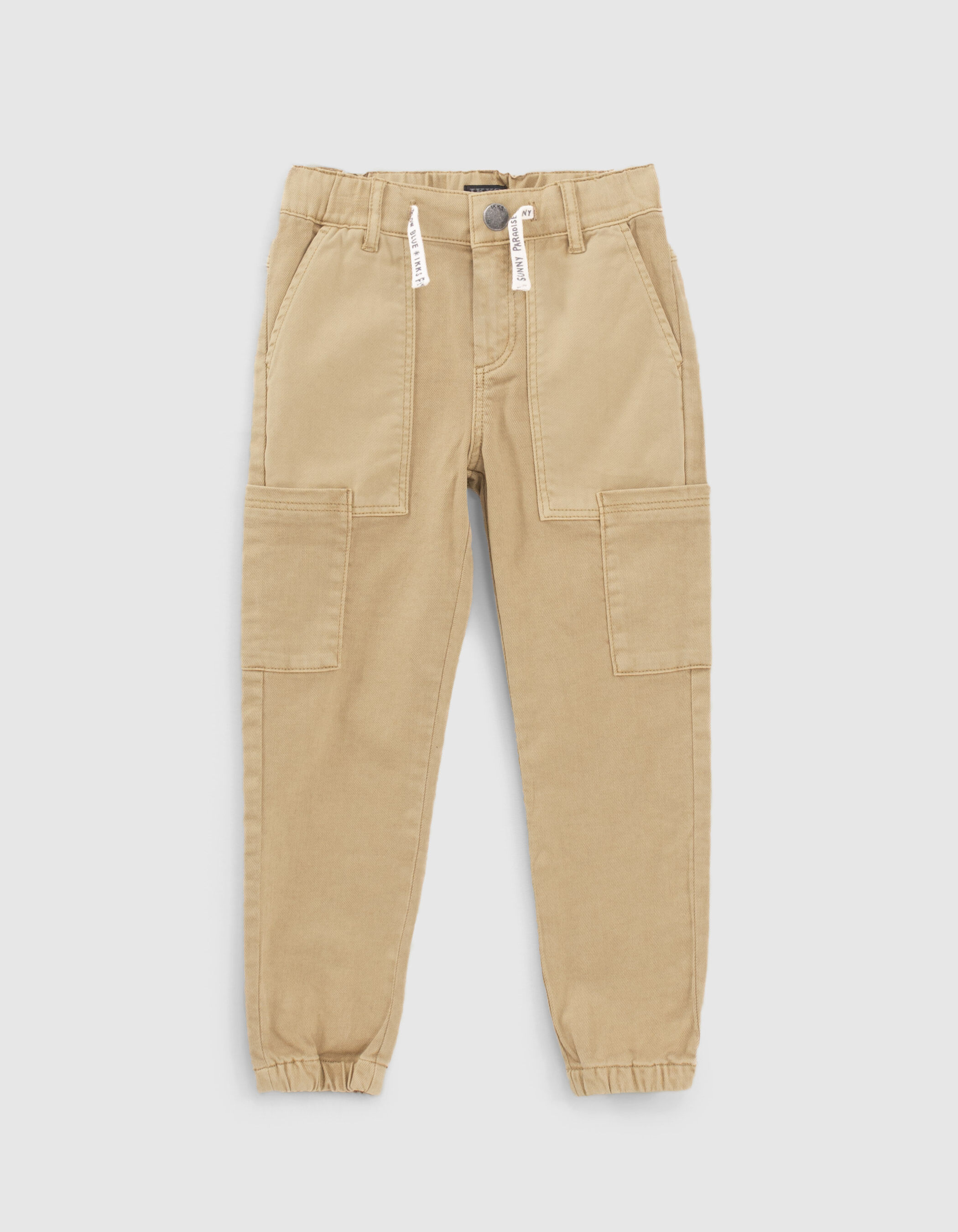 Boys beige combat trousers with elasticated cuffs