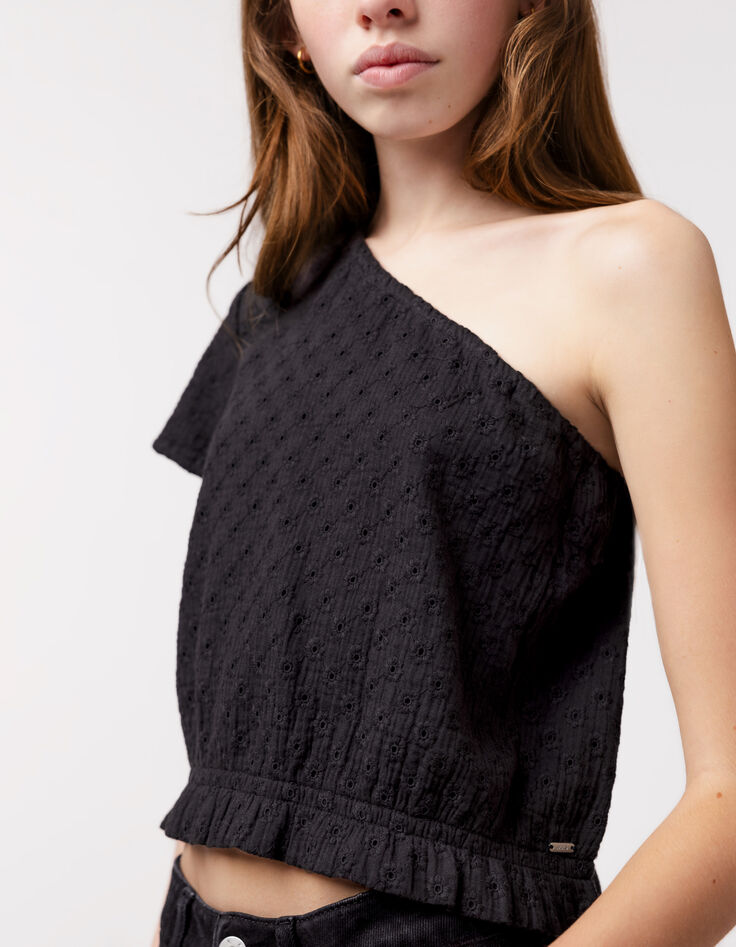 Top noir asymétrique broderie anglaise fille-3