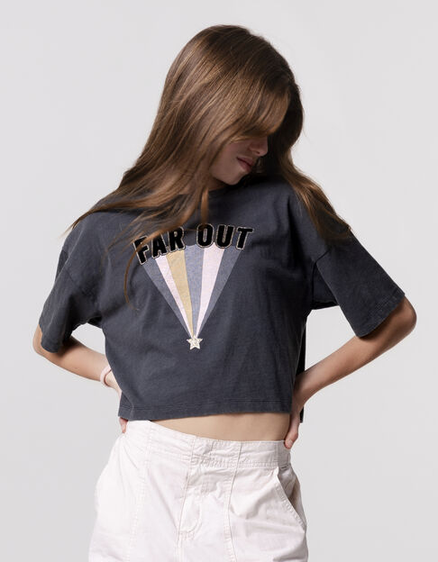 T-shirt gris coton bio message floqué et rayures fille - IKKS