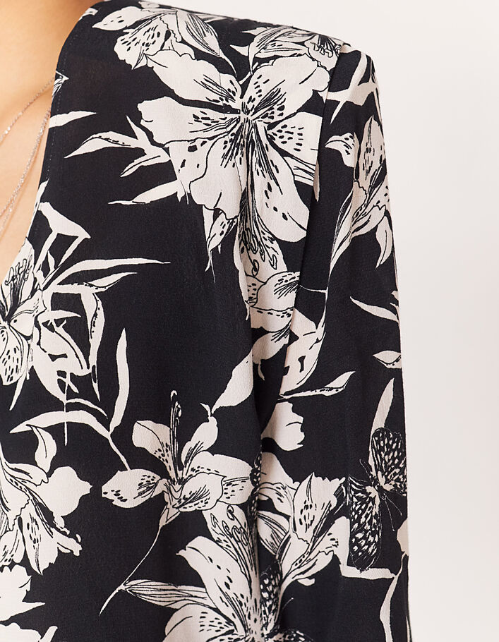 Schwarz-weiße Crêpe-Bluse mit Blumendruck für Damen-3
