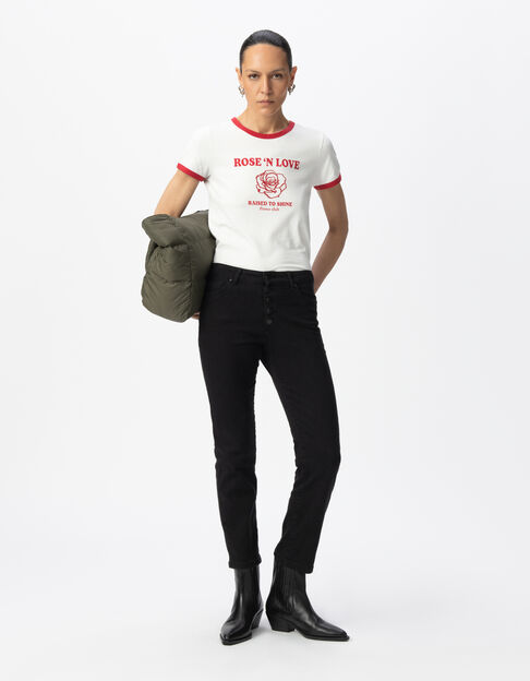 Tee-shirt blanc coton bio message et broderie rose Femme - IKKS
