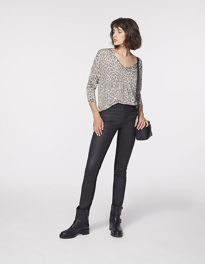 Pull col V noir imprimé panthère métallisé femme