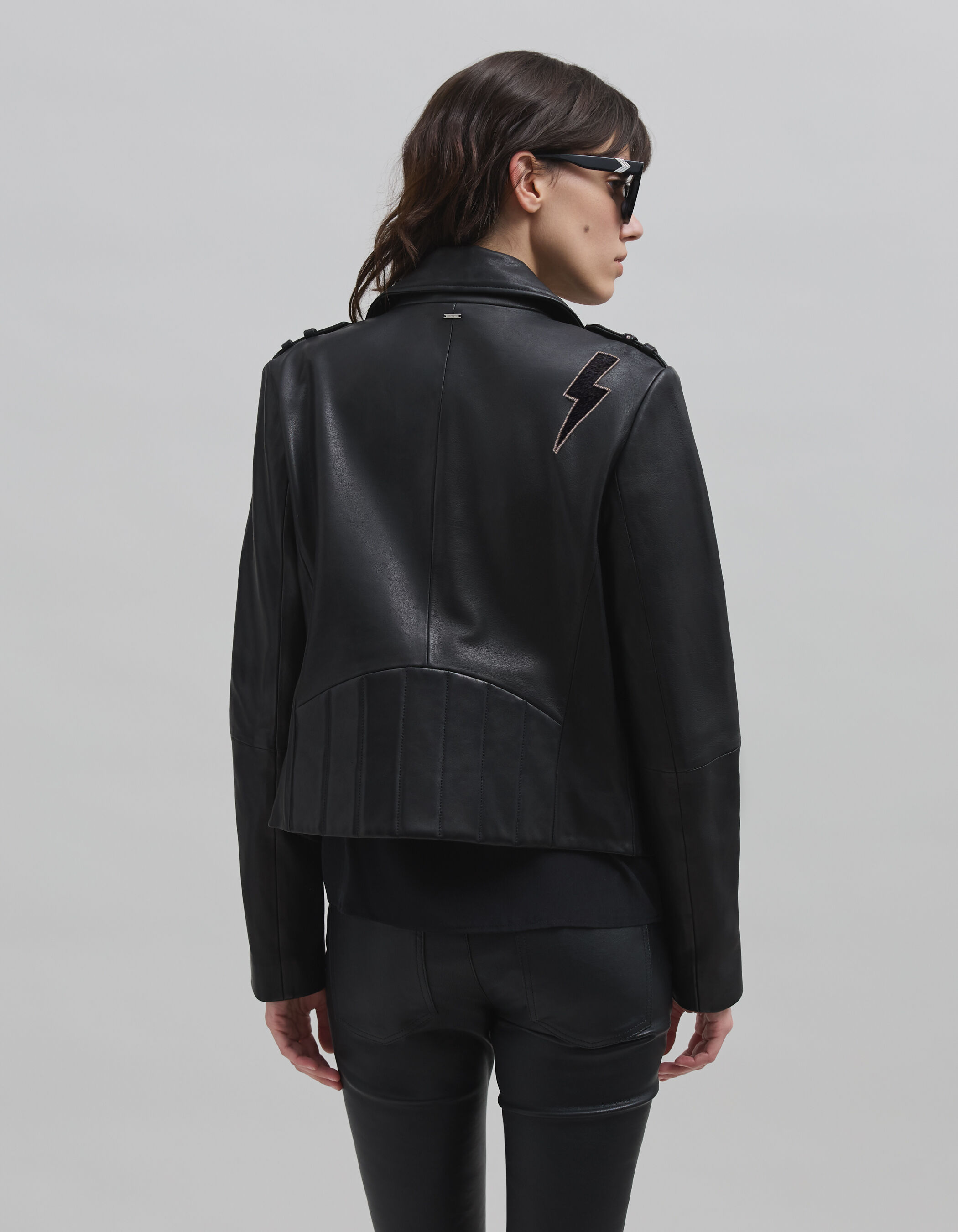 Veste cuir noir esprit motard broderie perle eclair Femme IKKS