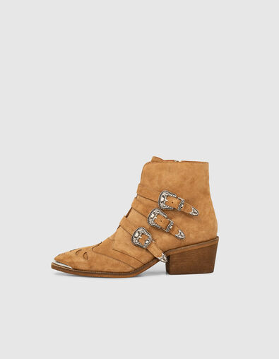 Women’s camel 3-cowboy buckle suede boots - IKKS