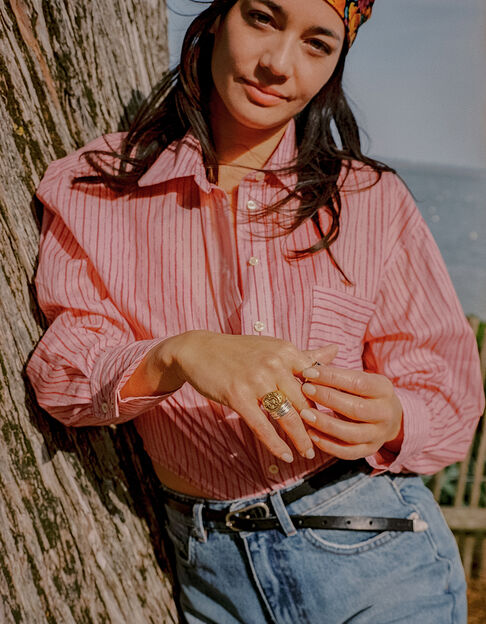 Chemise ray&eacute;e rose et rouge cropped Femme - IKKS