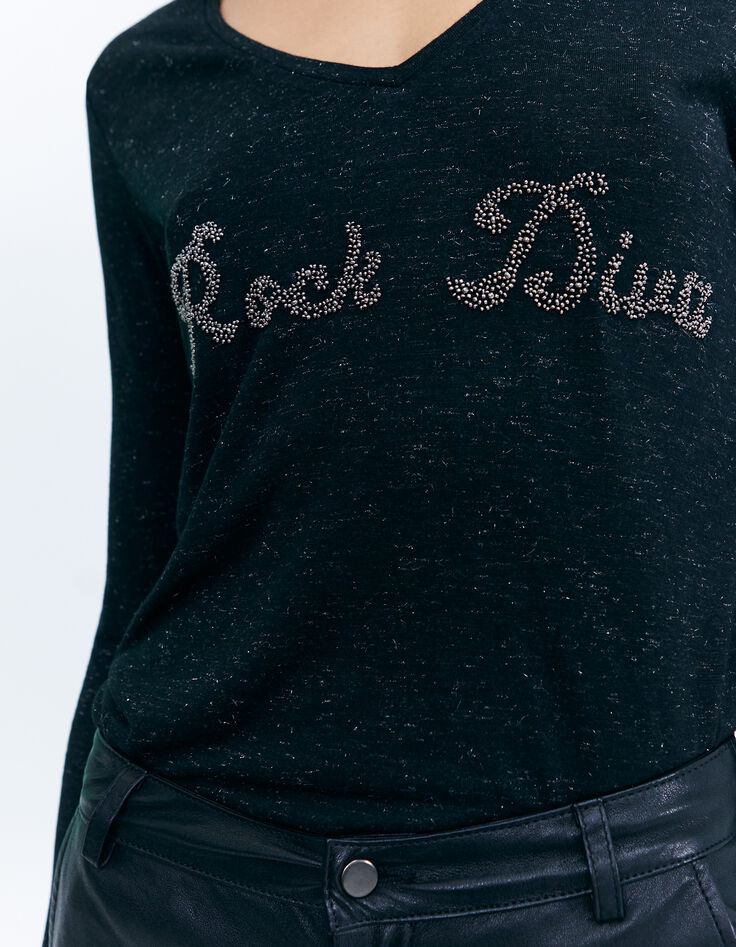 Women’s black Ecovero® viscose T-shirt with bead slogan-3