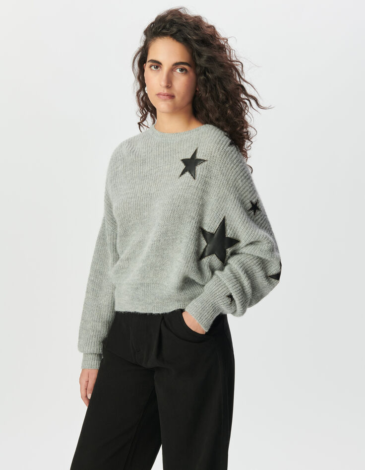 Grauer Damen-Strickpulli Ausschnitte Rock Sterne Perlen-2