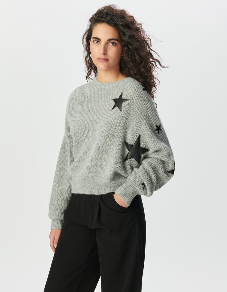 Grauer Damen-Strickpulli Ausschnitte Rock Sterne Perlen-2 Grauer Damen-Strickpulli Ausschnitte Rock Sterne Perlen-2