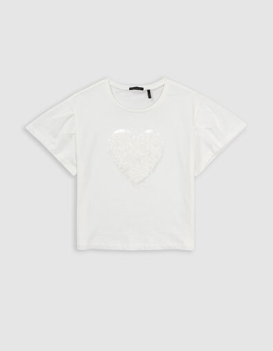 T-shirt écru coton bio coeur en relief fille - IKKS