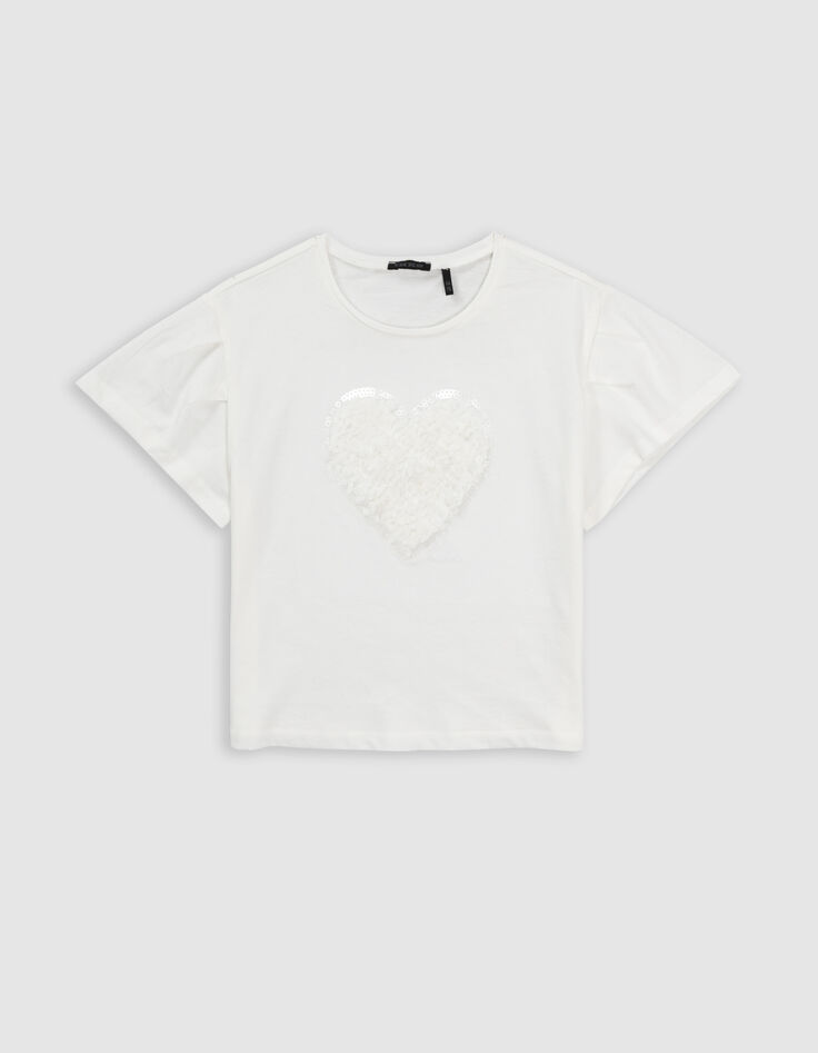 T-shirt écru coton bio coeur en relief fille-2