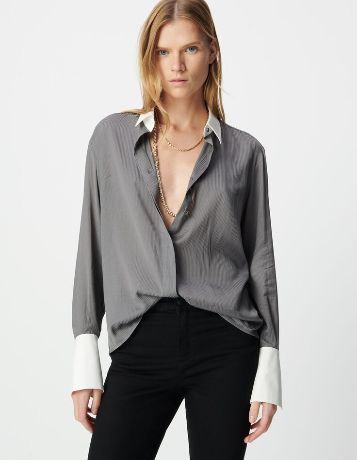 Women’s grey striped shirt with white cuffs and collar-2 Women’s grey striped shirt with white cuffs and collar-2