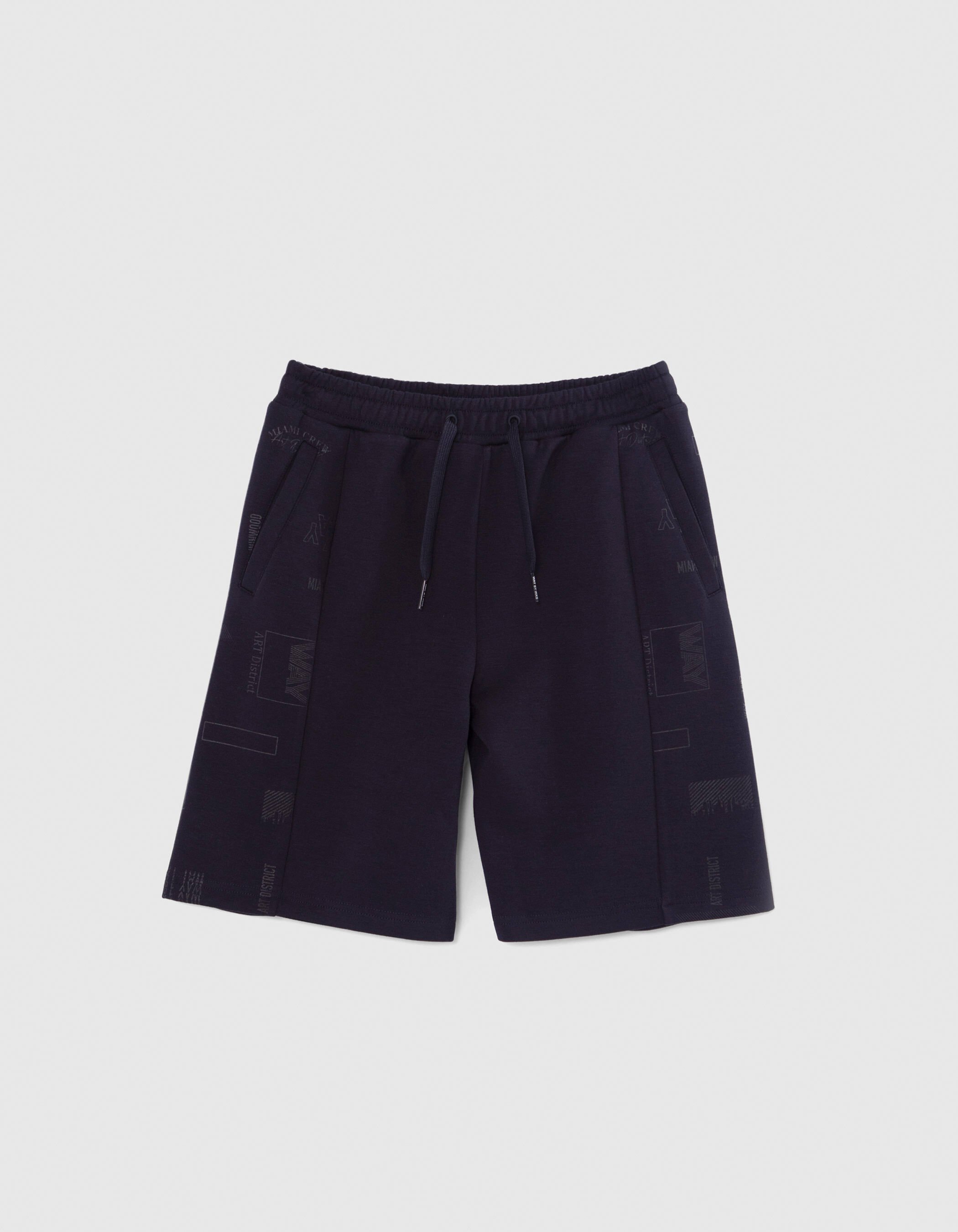 Boys navy Bermuda shorts with Arty tone on tone print