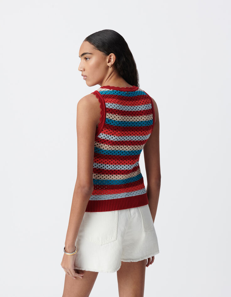 Top rouge tricot ajouré motif rayures Femme-4