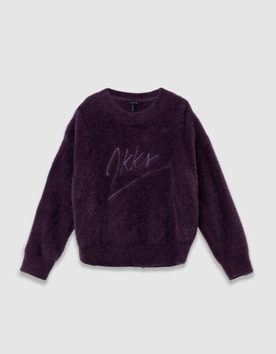 Plum knit sweater fluffy logo embroidery for girl - IKKS