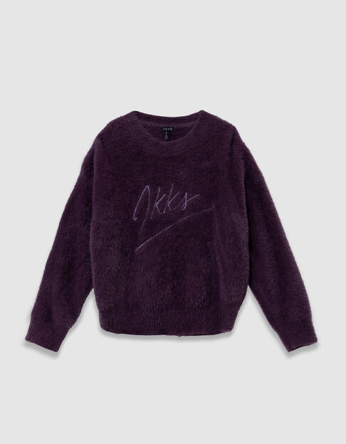 Plum knit sweater fluffy logo embroidery for girl - IKKS