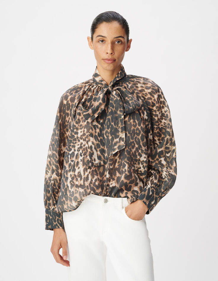 Blouse marron col lavalli&egrave;re motif l&eacute;opard Femme-2