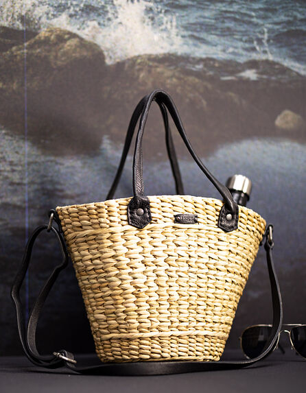 Women’s raffia and black leather small basket