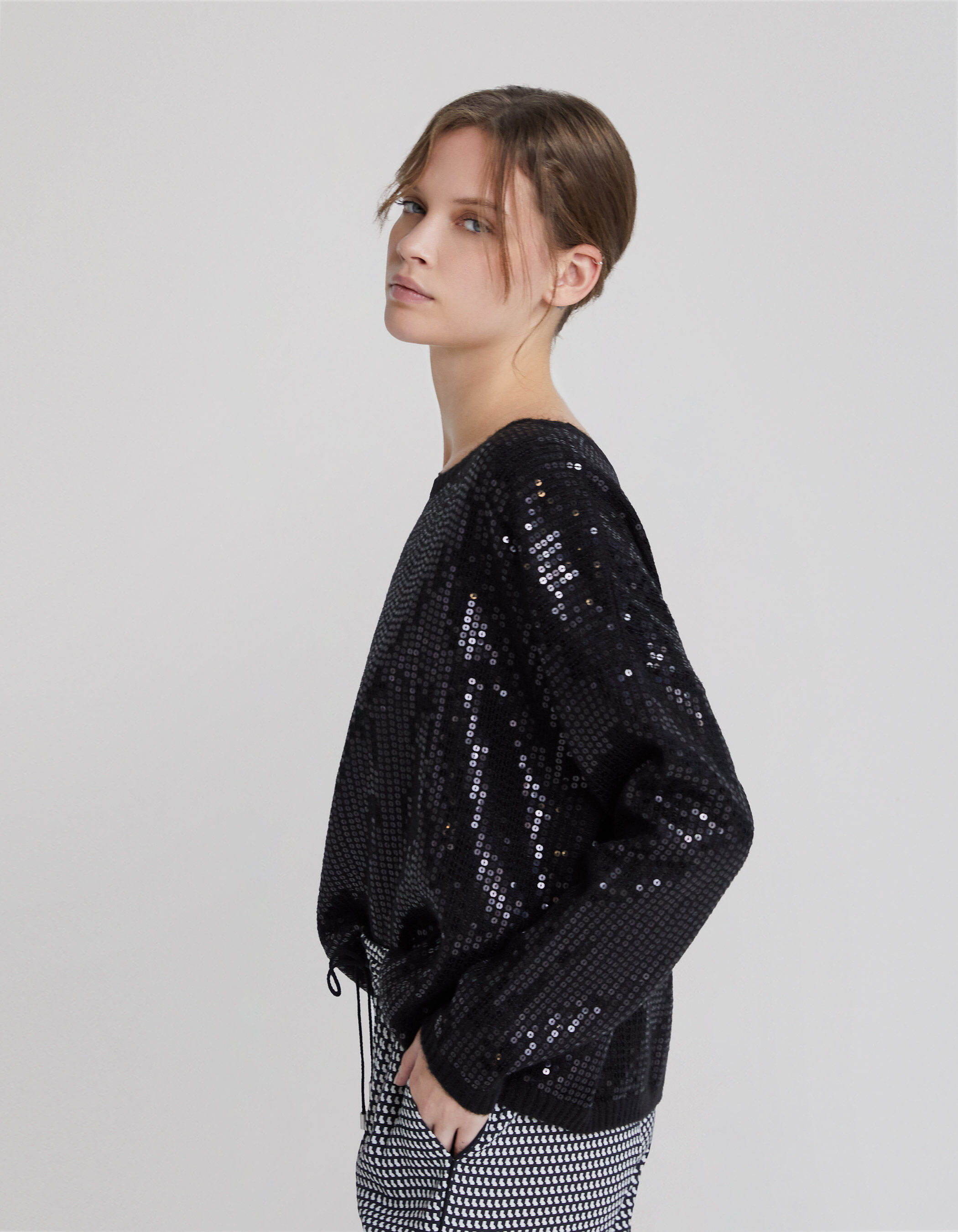 Pull noir oversize tricot brode sequins Femme IKKS