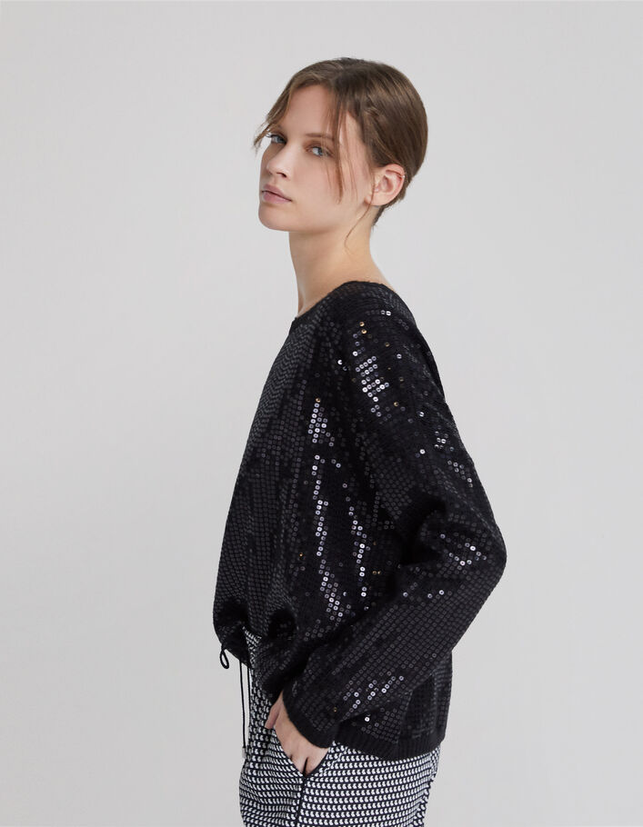 Pull noir oversize tricot brodé sequins Femme - IKKS