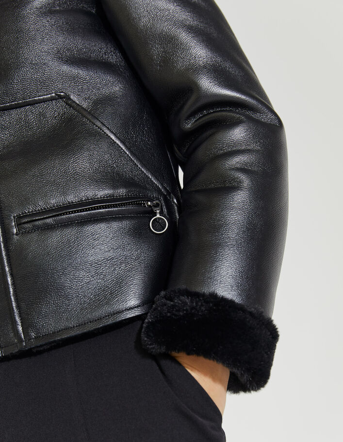 Women’s black fur- and leather-substitute short jacket - IKKS