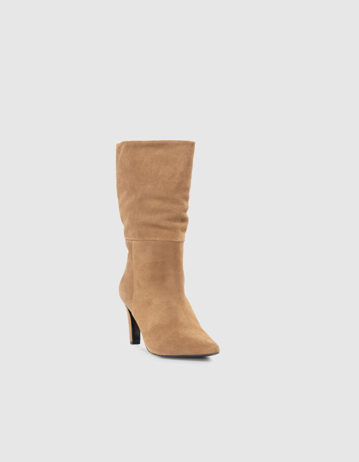 Women’s sand suede heeled boots with folded down top - IKKS