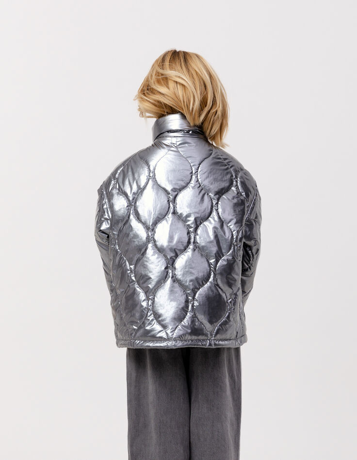 Grey metallic padded jacket with removable hood for girl-2