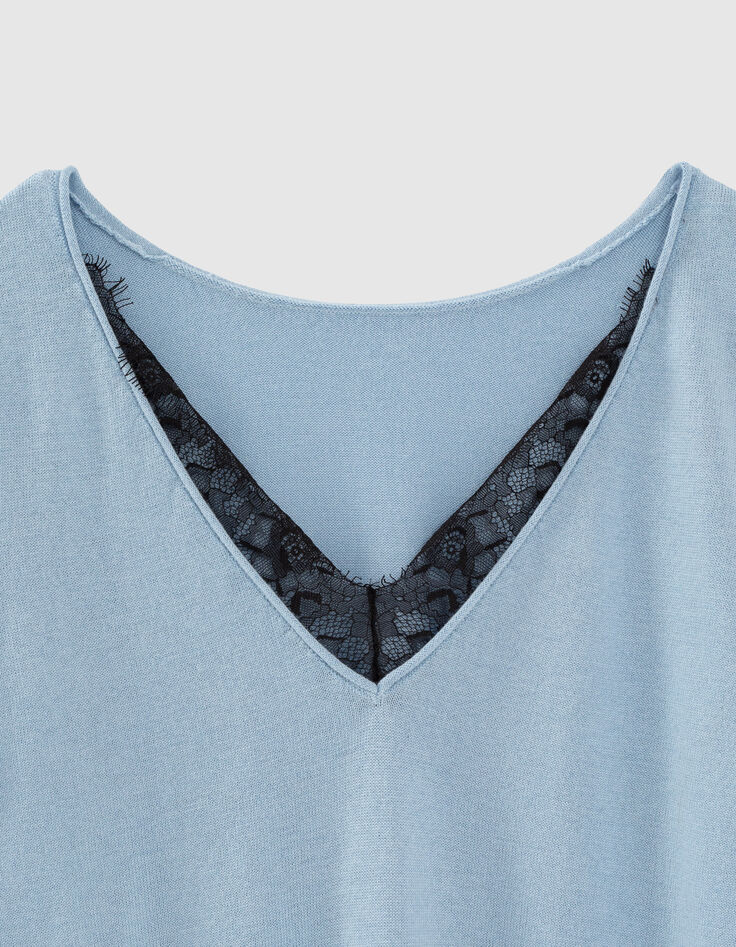 Pull bleu encolure devant dos avec dentelle noire femme-3