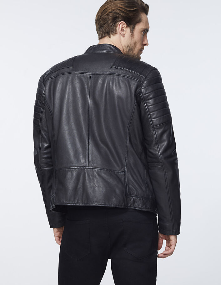 Men’s black quilted biker-style leather jacket - IKKS