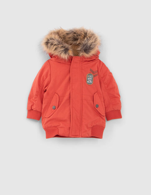Baby boys’ orange fur-lined parka with print on back