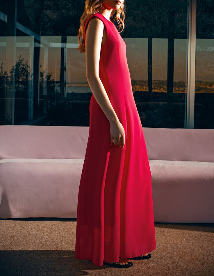 Langes hot pink Recycling-Damenkleid mit Schulterpolstern-7