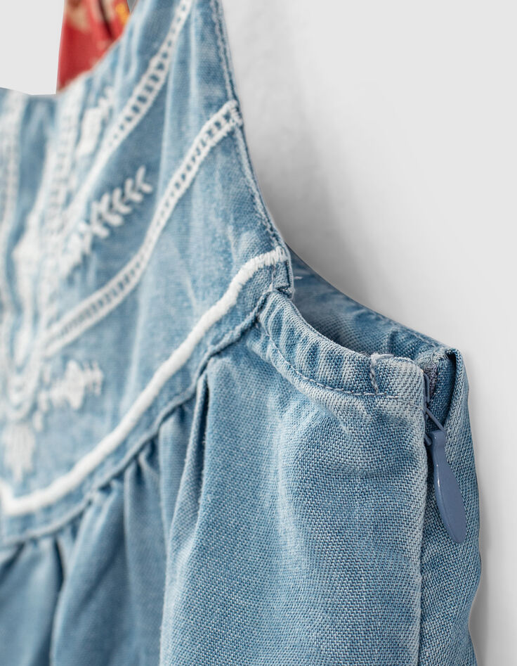 Girls’ light blue Tencel® embroidered dress+printed straps-5