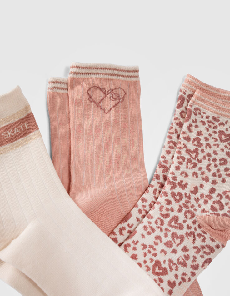 Girls&rsquo; pink, ecru, brown socks-3