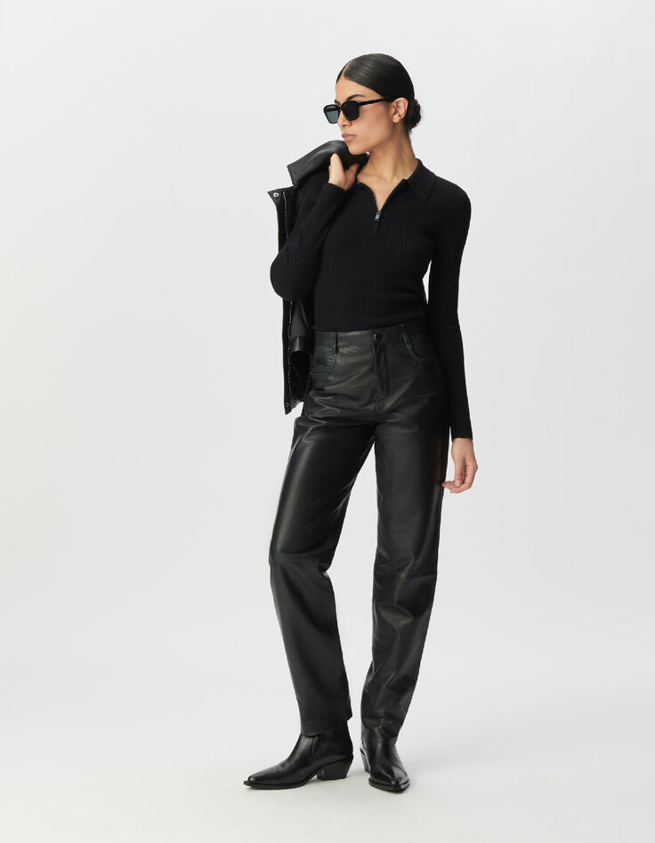 Pantalon en cuir noir coupe jean Femme-1