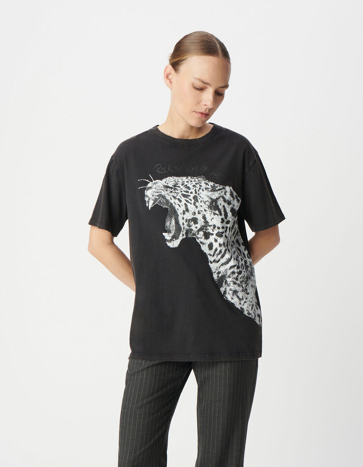 Tee-shirt gris coton bio visuel léopard  et message Femme-2
