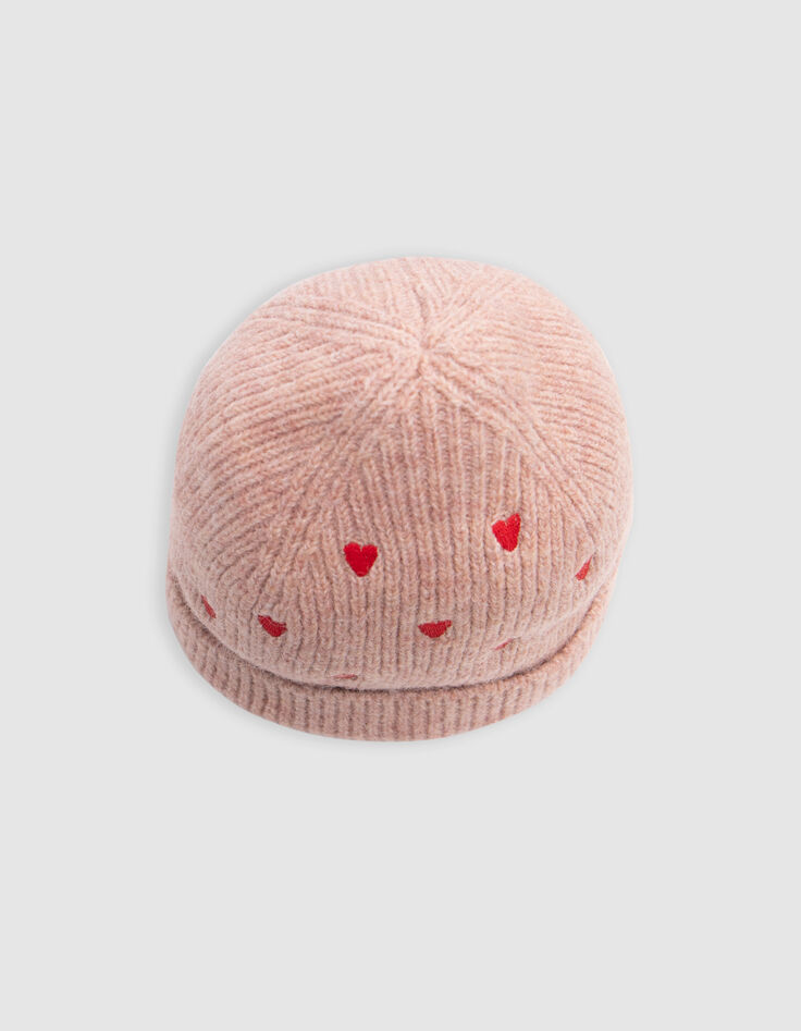 Bonnet rose tricot fourr&eacute; broderies coeurs b&eacute;b&eacute; fille-5