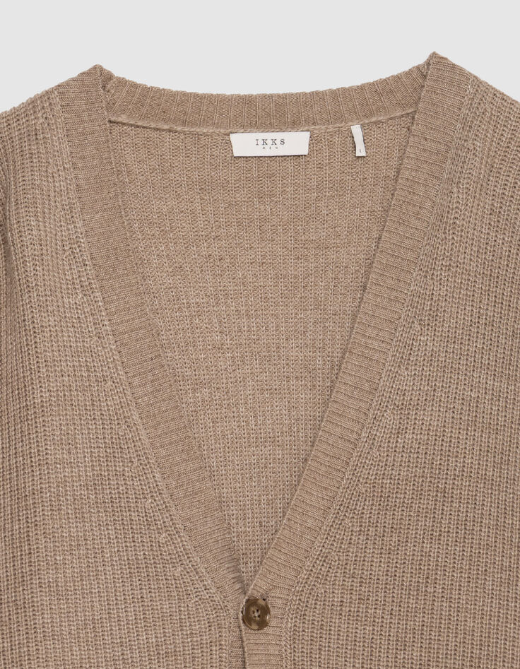 Cardigan beige tricot boutonn&eacute; encolure V Homme-7