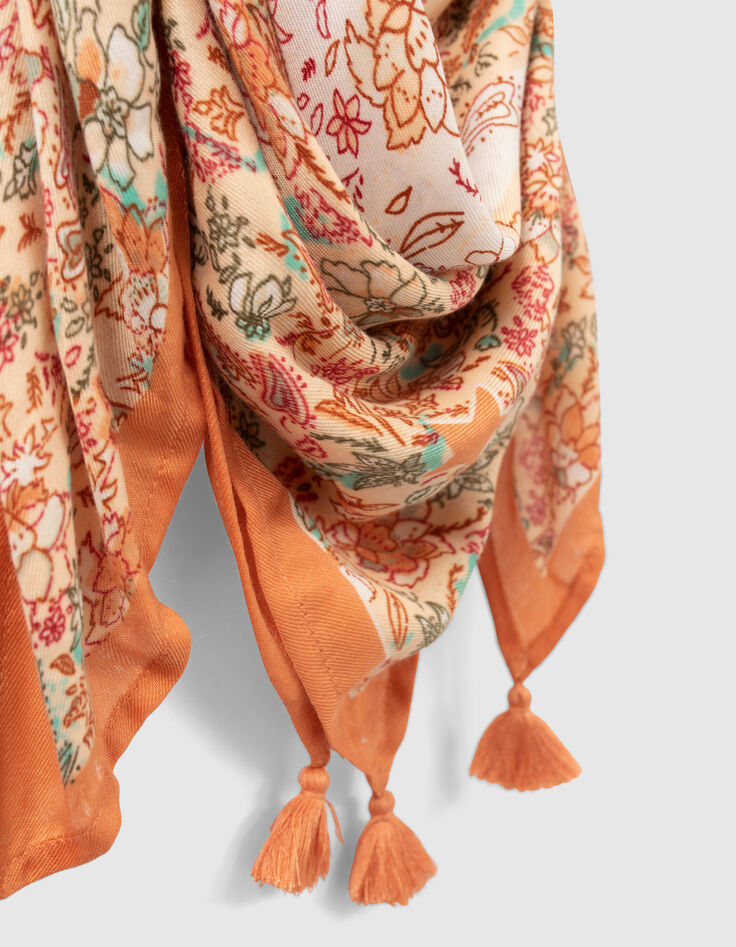 Quadratischer, orangefarbener M&auml;dchenschal mit Blumenprint-3