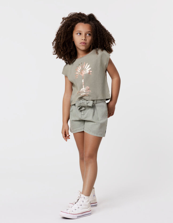 Khaki Mädchen-T-Shirt, Biobaumwolle, Palmen-Tiger, kupfer-1