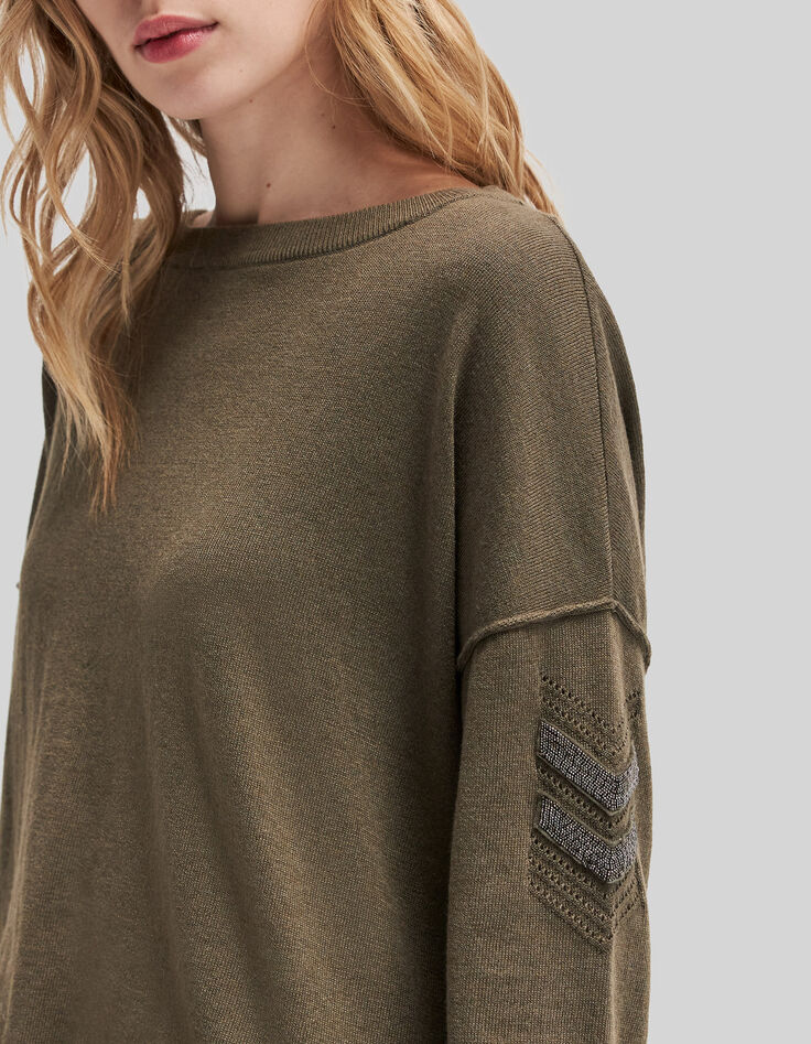 Women’s khaki boat neck sweater with stitch/chain chevron-5