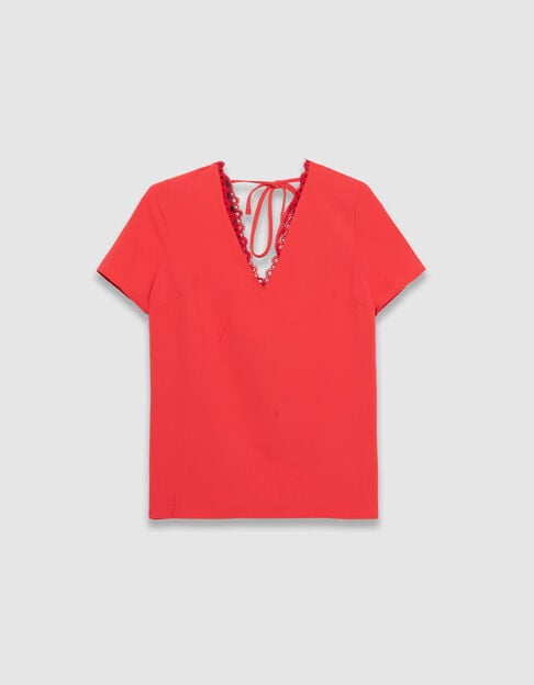 Top coral con escote en V y detalle de encaje - IKKS