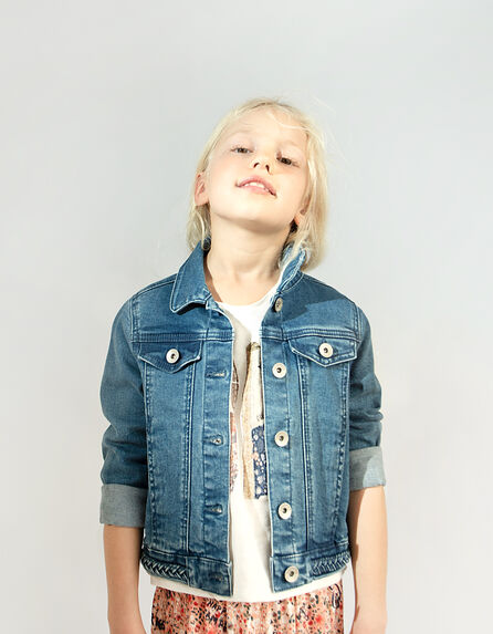 Girls’ stone blue organic denim jacket embroidered on back