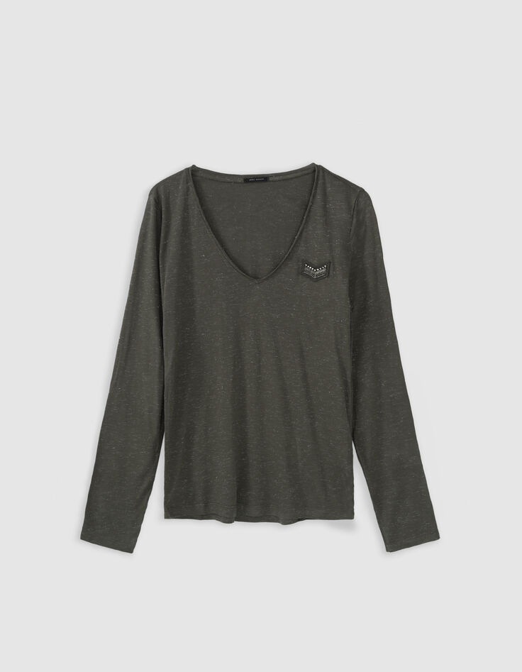 Tee-shirt kaki pailleté broderie chevrons Femme-6