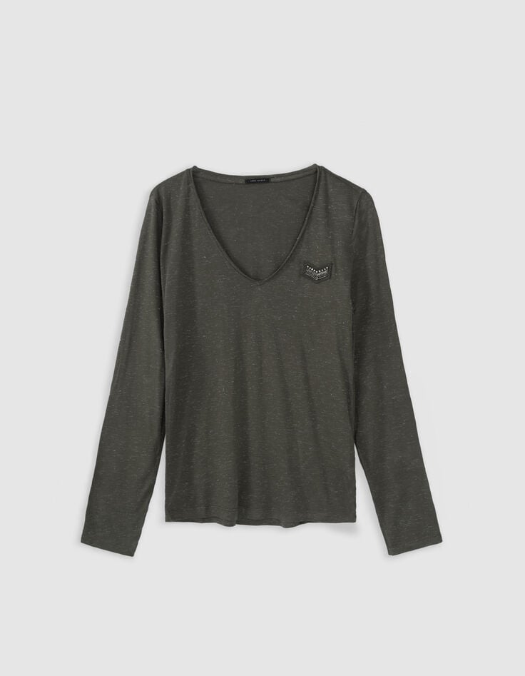 Tee-shirt kaki pailleté broderie chevrons Femme-6 Tee-shirt kaki pailleté broderie chevrons Femme-6