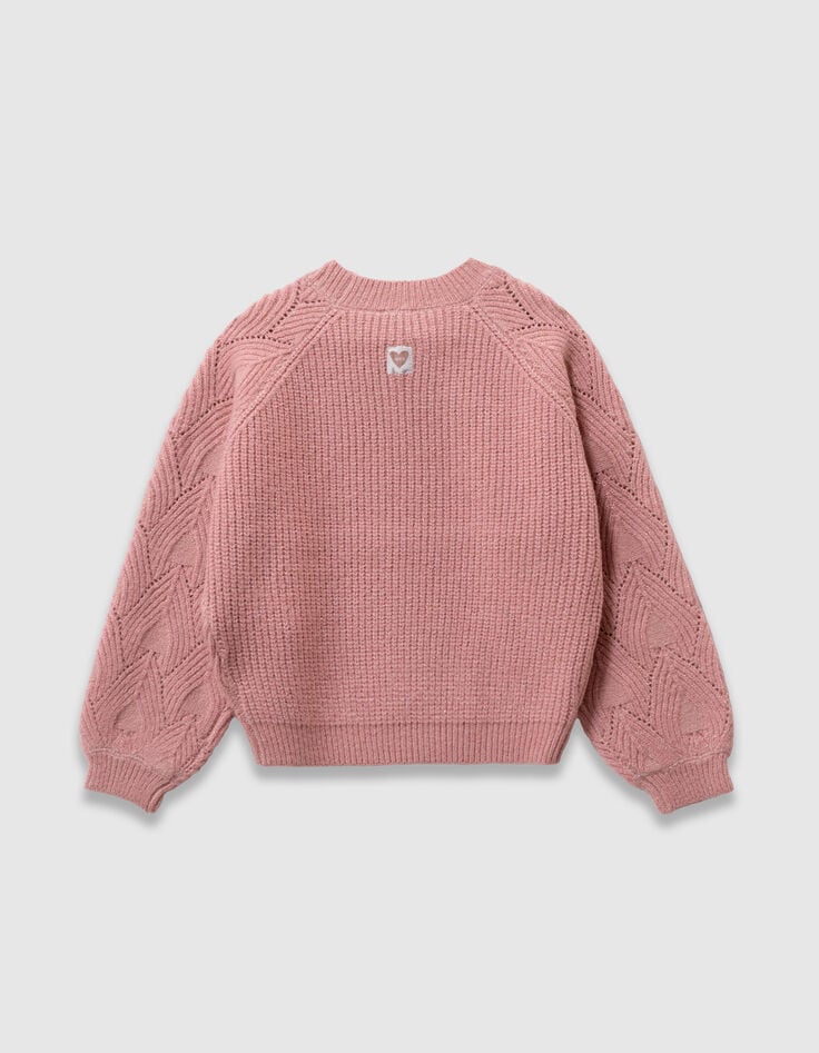 Girls’ pink knit sweater with jacquard sleeves-5 Girls’ pink knit sweater with jacquard sleeves-5