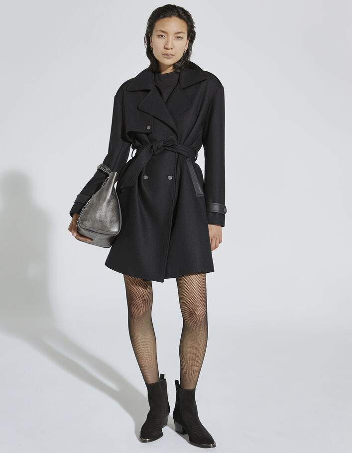 Women’s black wool blend long trench coat + faux leather - IKKS